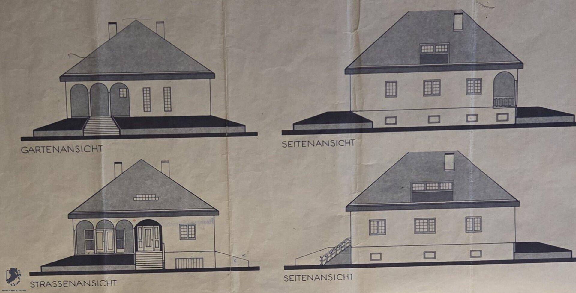 Vier Ansichten des Hauses, darunter Gartenansicht, Straßenansicht und Seitenansichten.