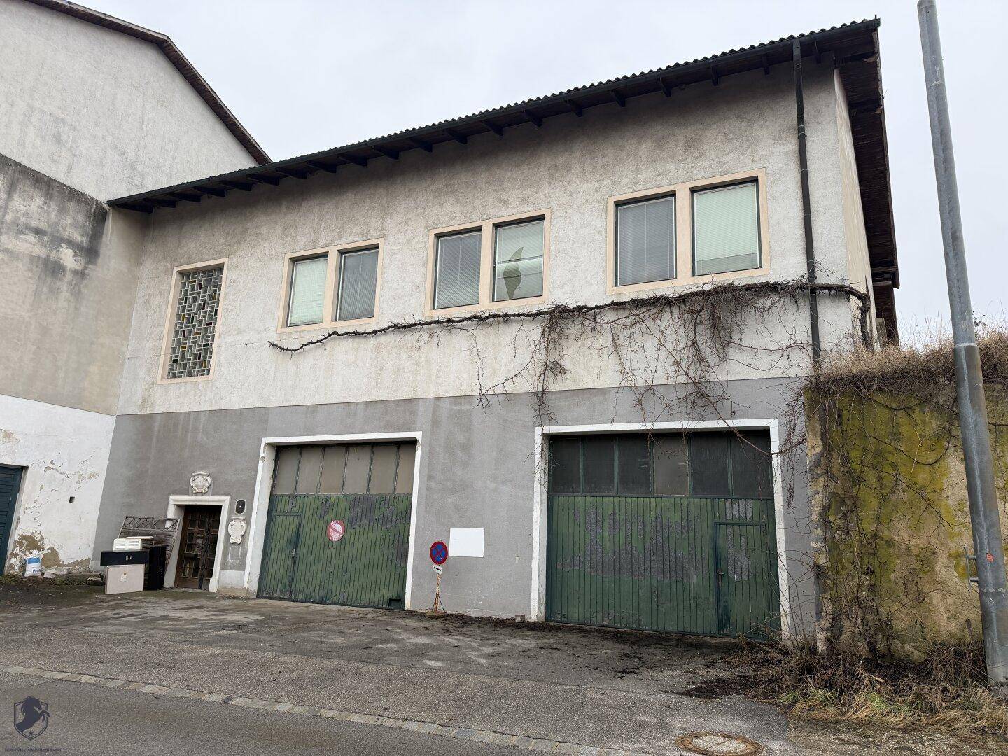 Fassade des Hauptgebäudes mit zwei großen Garagentoren und mehreren Fenstern, von der Straße aus gesehen.