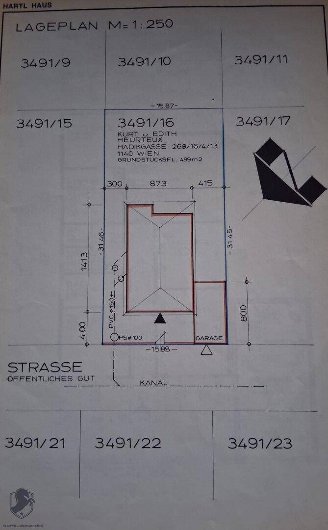 Lageplan des Grundstücks mit eingezeichnetem Gebäude und Garage.