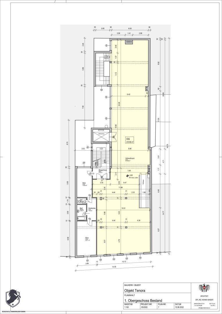 Detaillierter Grundriss des Obergeschosses mit mehreren Räumen und Treppenhaus.