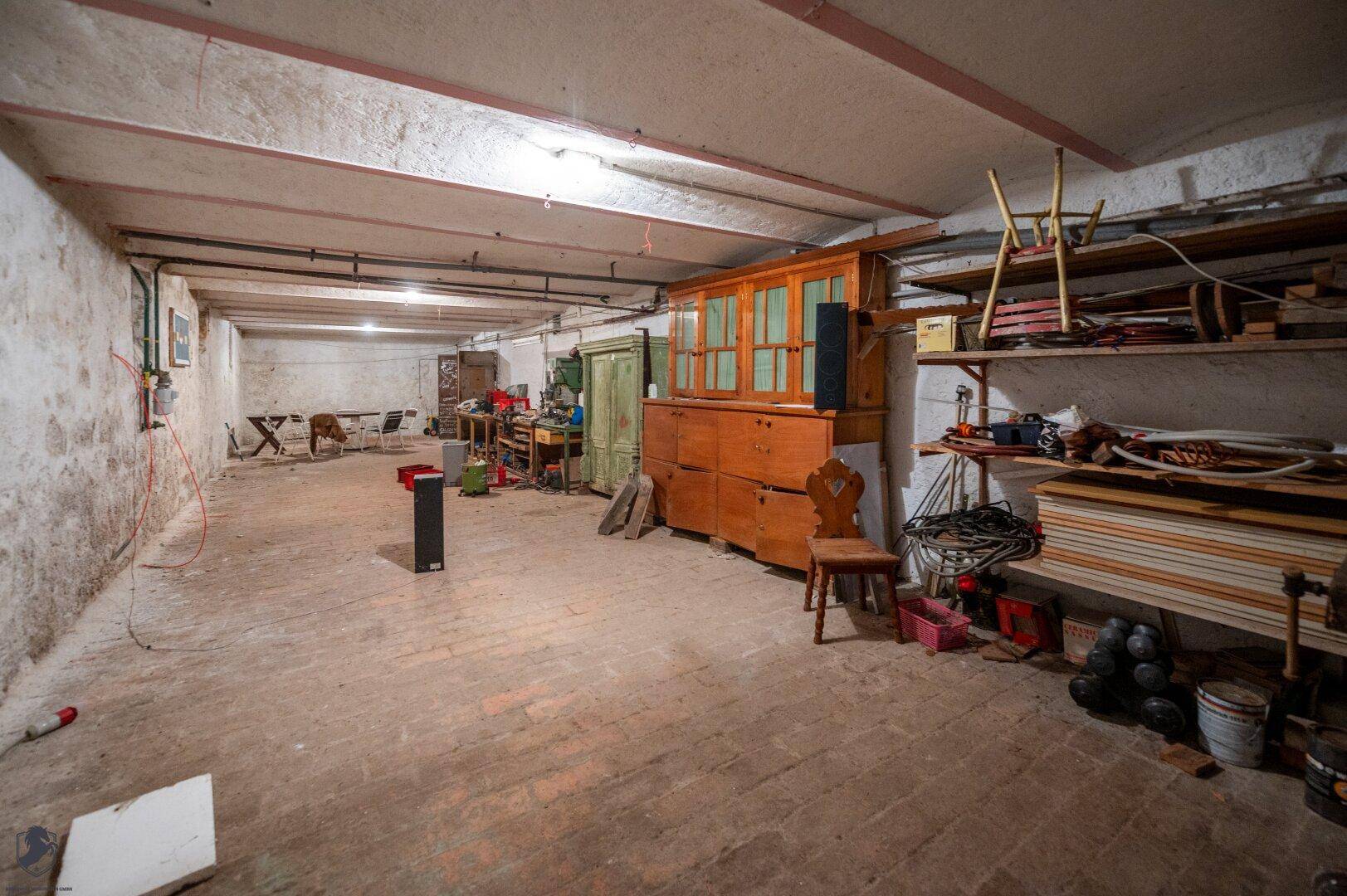 Geräumiger Kellerraum mit Regalen und Schränken, bietet viel Stauraum und Arbeitsfläche.
