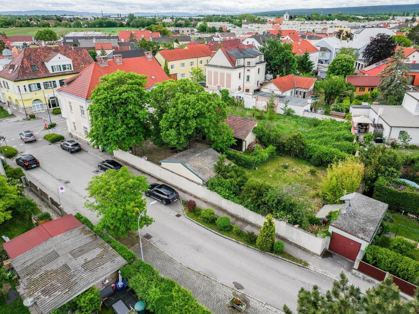 Überblick aus der Vogelperspektive über ein ruhiges Wohngebiet mit viel Grün.