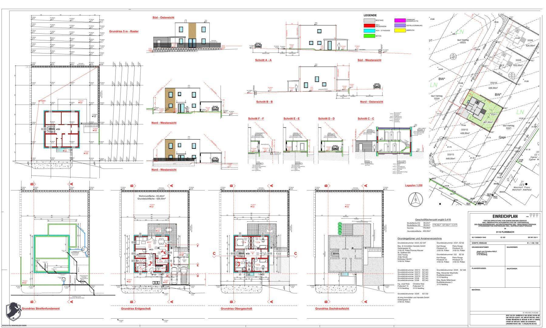 Detaillierter Einreichplan eines Neubaus mit Grundrissen, Schnitten und Ansichten, inklusive Garten und Garage.
