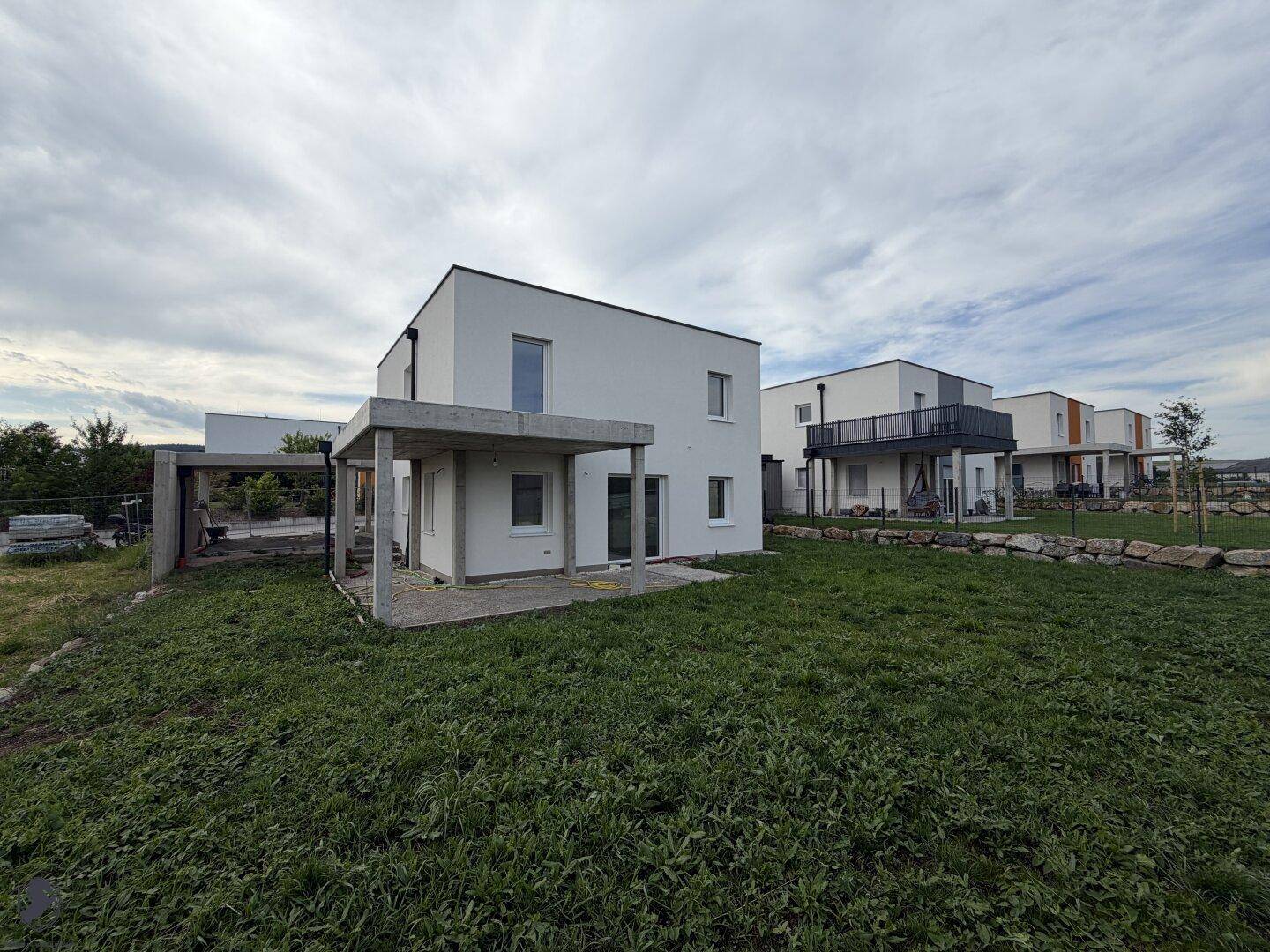 Neubau-Einfamilienhaus mit Gartenfläche und Blick auf weitere moderne Häuser in der Siedlung.