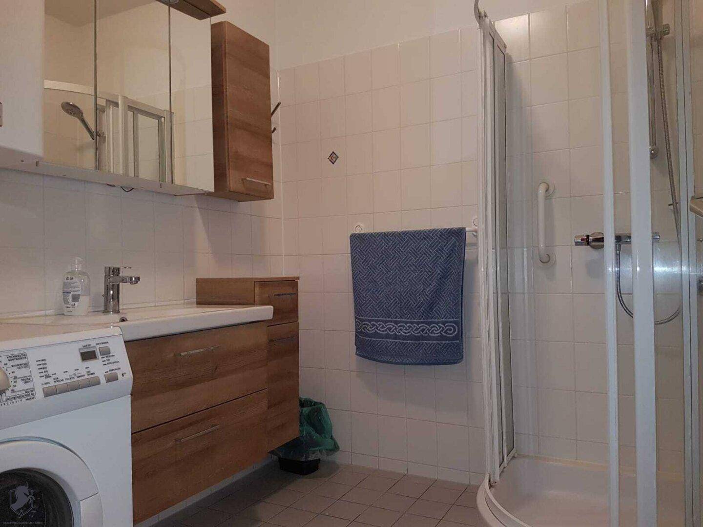 Badezimmer mit Duschkabine, Waschbecken mit Holzunterschrank und Waschmaschine.