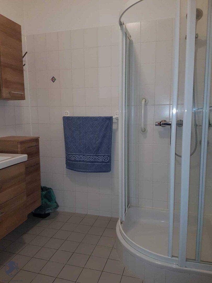 Badezimmer mit Duschkabine, Waschbecken mit Holzunterschrank und Spiegelschrank.