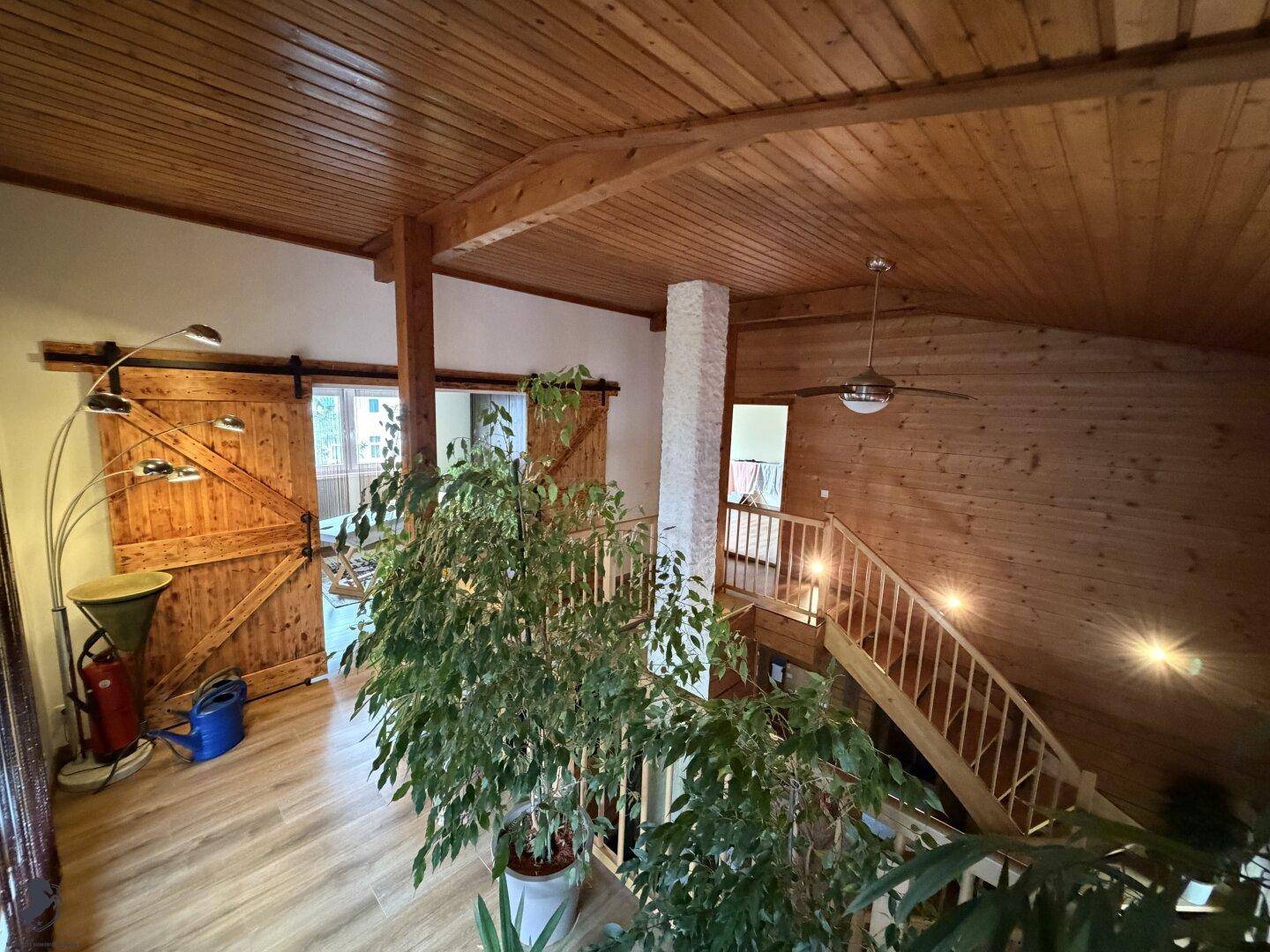 Offener Wohnbereich mit Holzdecken, Holzwänden und einer Holztreppe, geschmückt mit großen Pflanzen.