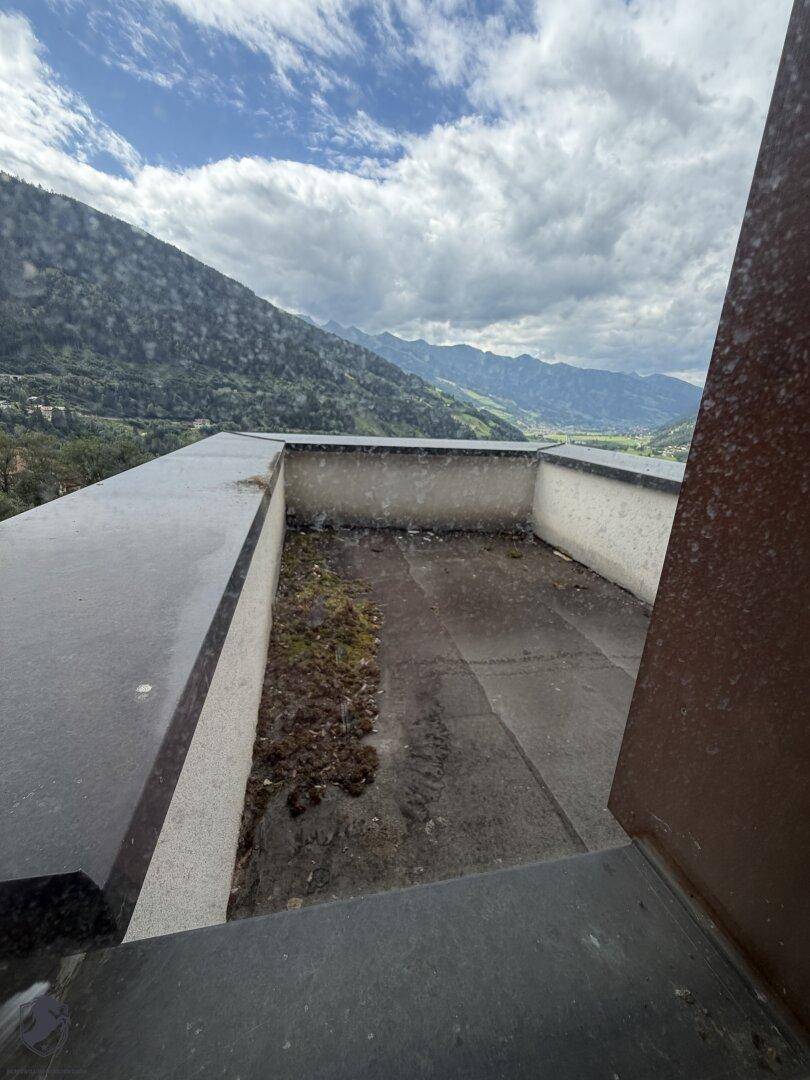 Unfertige Dachterrasse mit Blick auf die Berge, umgeben von einer niedrigen Betonmauer und Bewuchs.