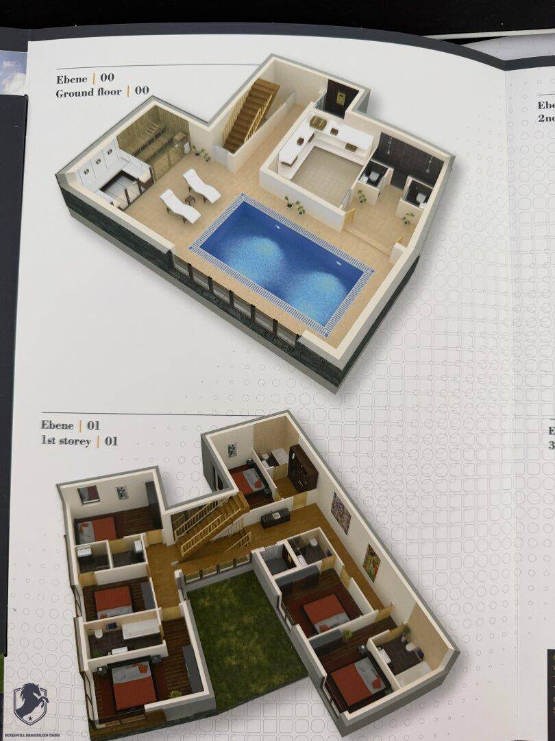 Grundrissdarstellung des Erdgeschosses mit Pool und des ersten Obergeschosses mit mehreren Schlafzimmern.