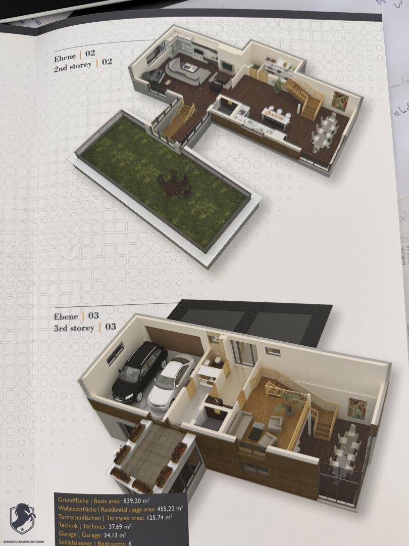 Grundrissdarstellung des zweiten Obergeschosses mit Wohnbereich und Dachterrasse sowie des dritten Obergeschosses mit Garage.