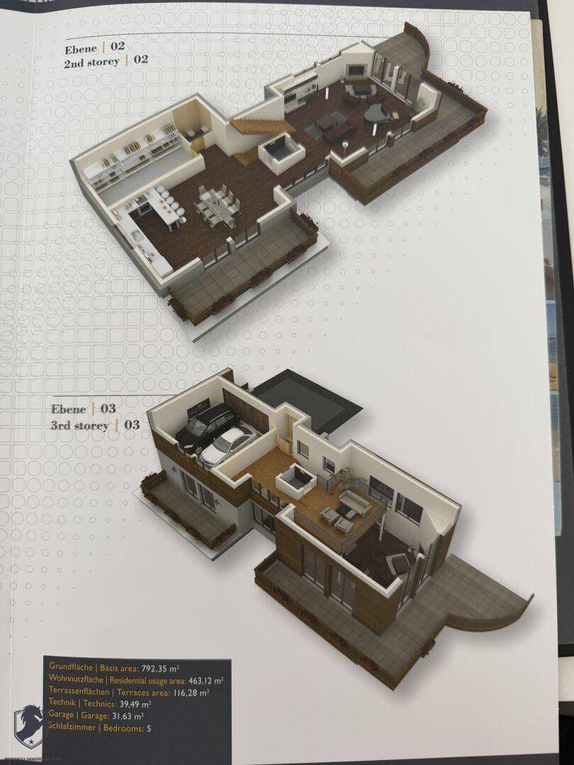3D-Grundrissdarstellung von zwei Etagen eines modernen Hauses mit offener Wohnküche und Terrassen.