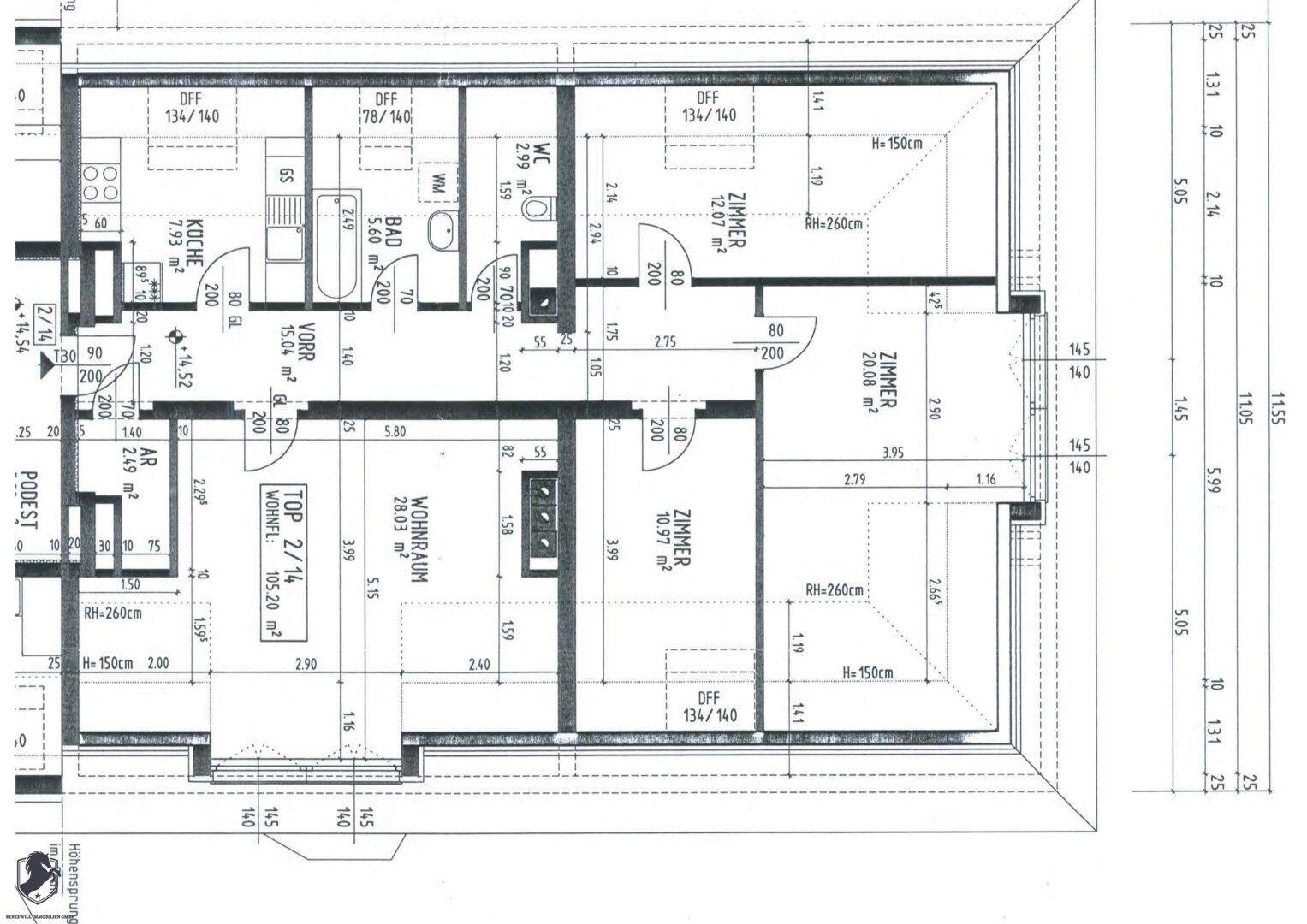 Grundriss einer Wohnung mit drei Schlafzimmern, separater Küche, Bad und WC, inklusive Abstellraum und Dachschrägen.