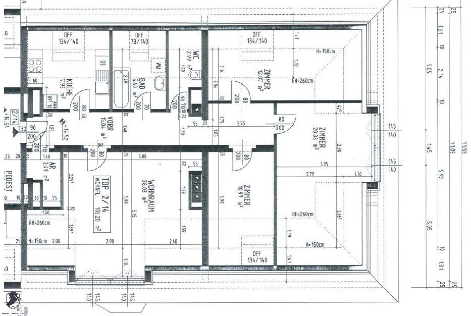 Grundriss einer Wohnung mit drei Schlafzimmern, separater Küche, Bad und WC, inklusive Abstellraum und Dachschrägen.