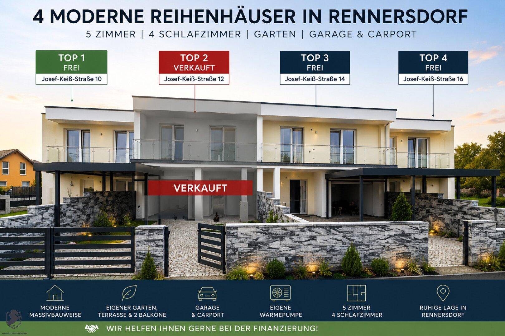 Moderne Reihenhäuser mit Balkonen, Garagen und Carports in Rennersdorf, umgeben von einer Steinmauer.