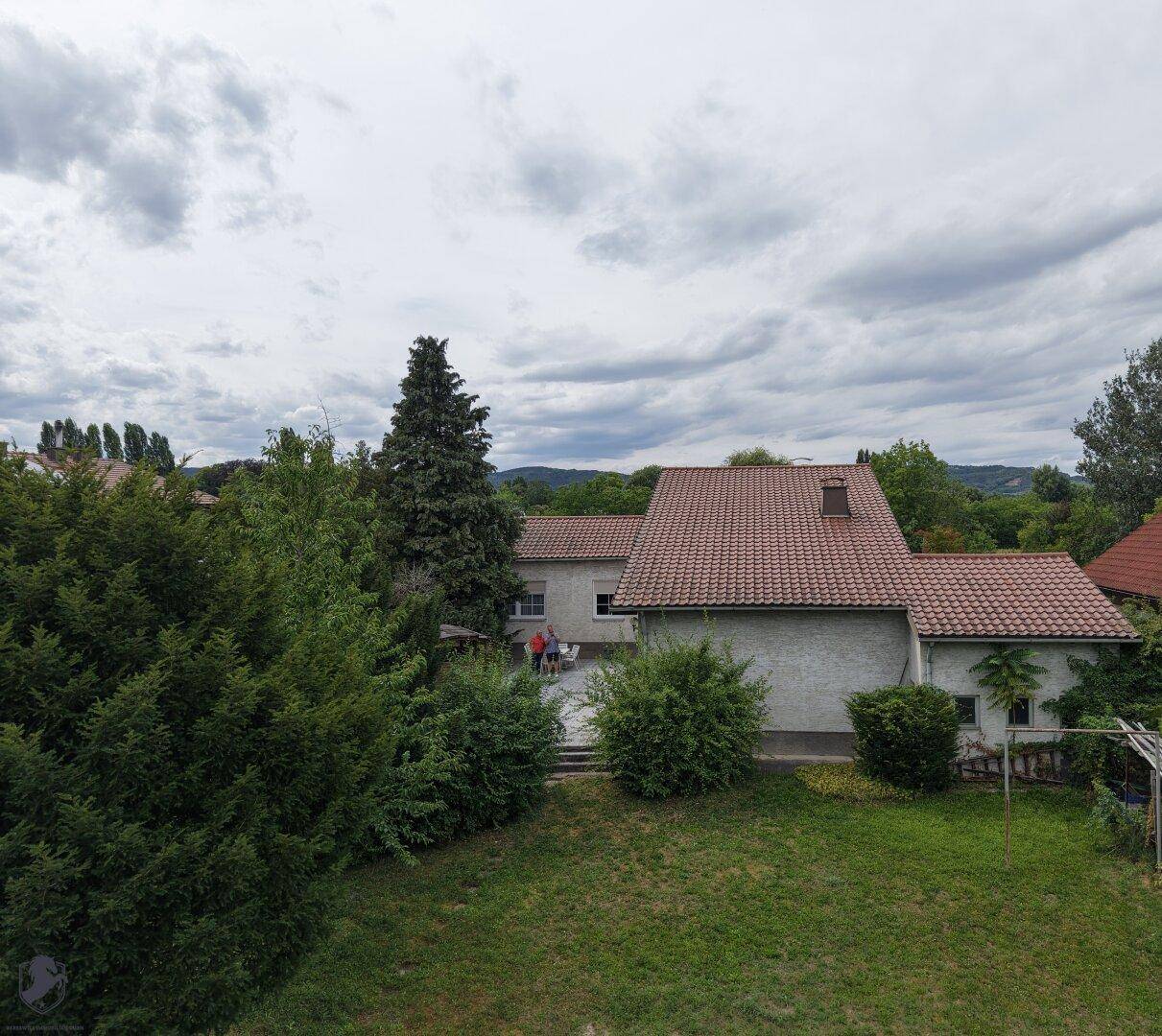 Blick auf das Haus vom Garten aus, umgeben von Bäumen unter bewölktem Himmel.