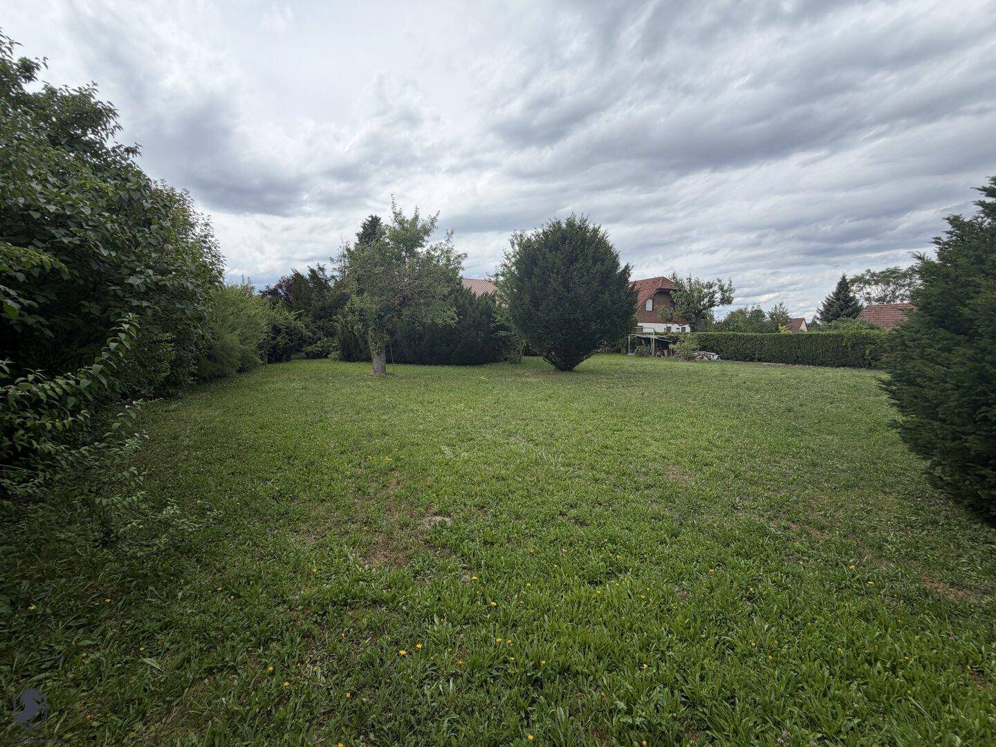 Großer Garten mit Rasen und Bäumen, im Hintergrund sind weitere Häuser sichtbar.