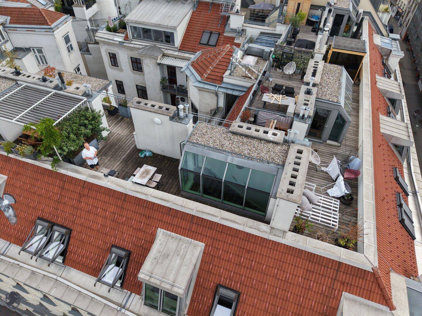 Mehrere Dachterrassen mit Holzböden, Glasaufbauten und verschiedenen Sitzbereichen, die eine urbane Oase bilden.