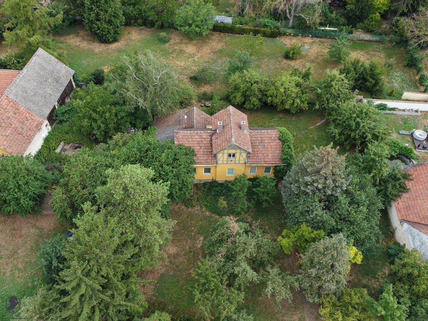 Weitläufige Luftaufnahme des Hauses, eingebettet in eine grüne Landschaft mit großen Gärten.