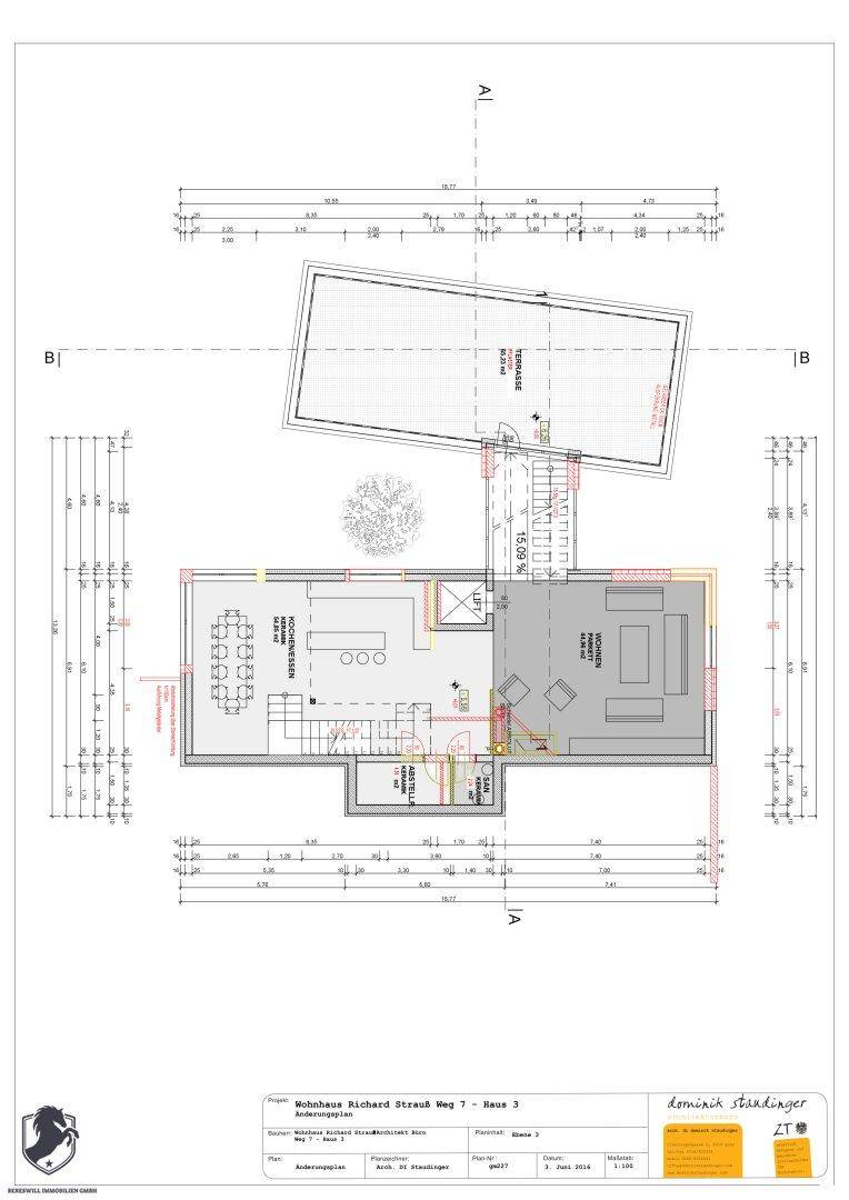 Grundriss mit offener Küche, Wohnbereich und einer weiteren Terrasse.