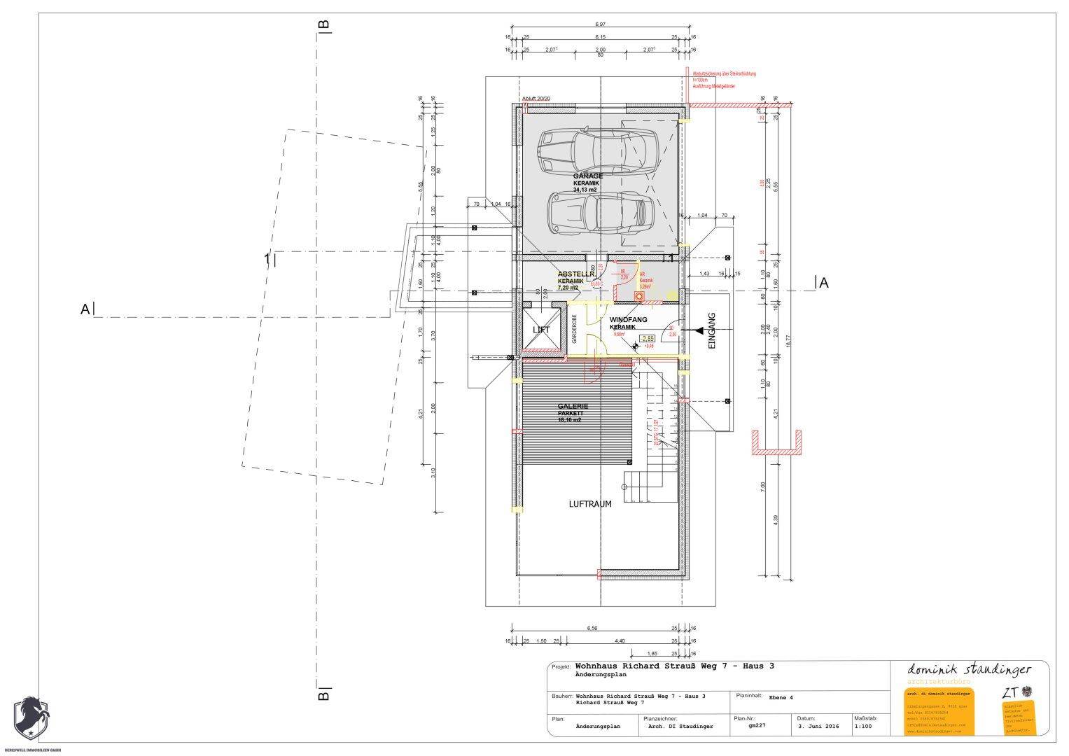 Grundriss des Garagenbereichs mit Stellplätzen und Abstellraum.