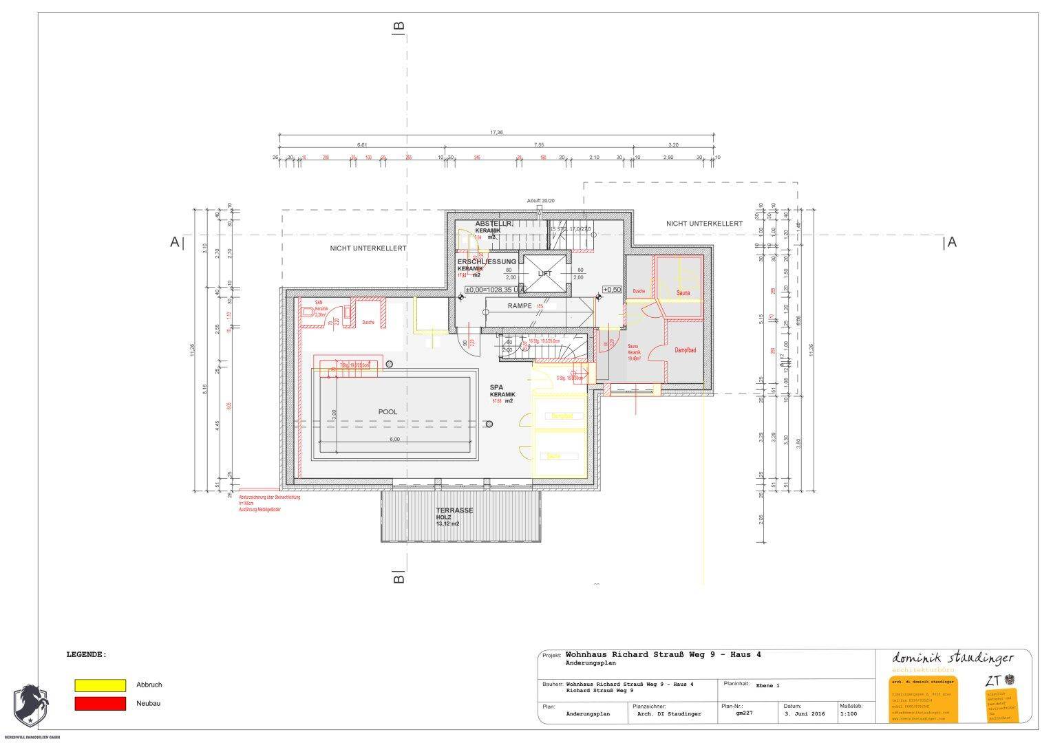 Grundriss des Untergeschosses mit Pool, Spa-Bereich, Abstellraum und Rampe.