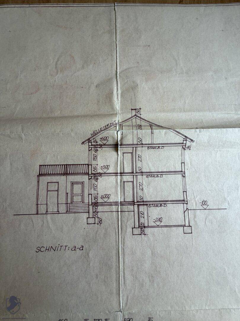 Architektonischer Schnittplan eines Gebäudes, der die verschiedenen Stockwerke und Dachkonstruktion zeigt.