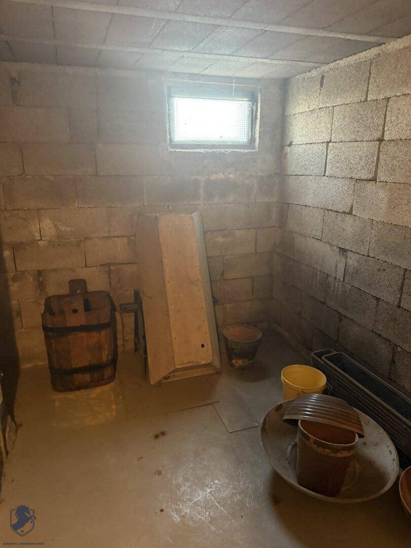 Kellerraum mit unverputzten Wänden, kleinem Fenster und verschiedenen Gegenständen zur Lagerung.