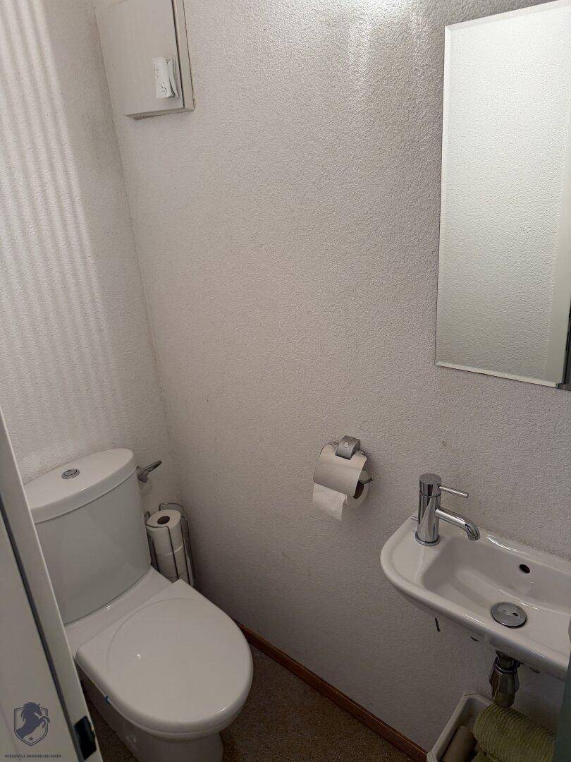 Kleines Gäste-WC mit Toilette, Waschbecken und einem Spiegel.