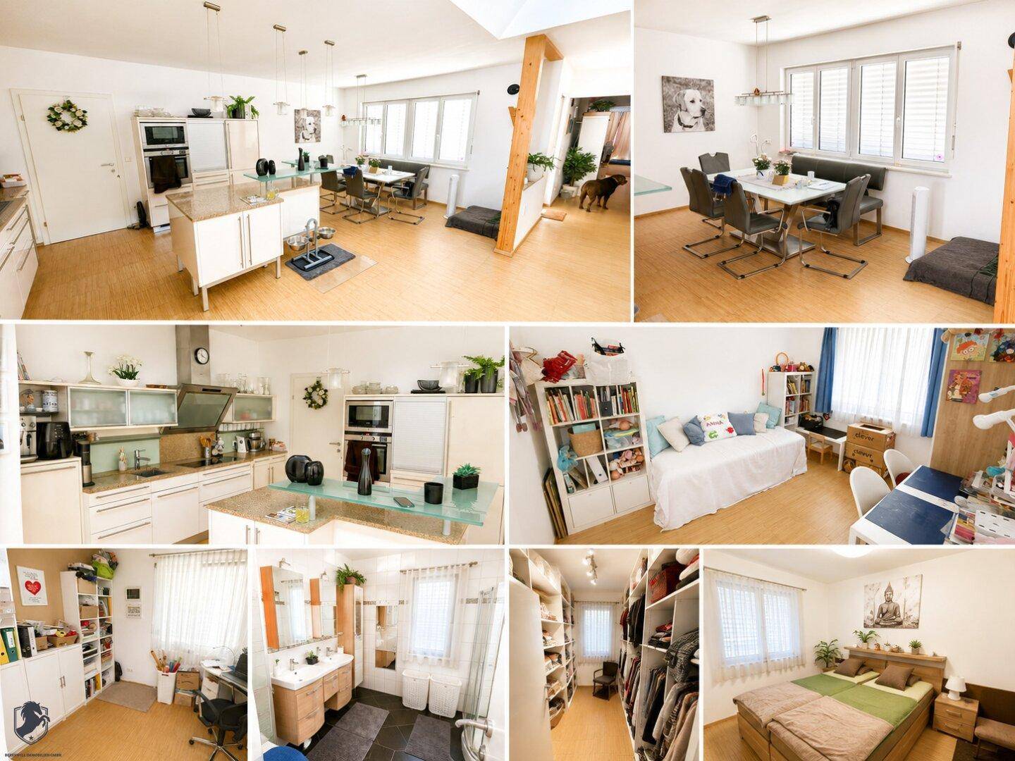Collage verschiedener Innenräume, darunter Küche, Essbereich, Schlafzimmer und Badezimmer.