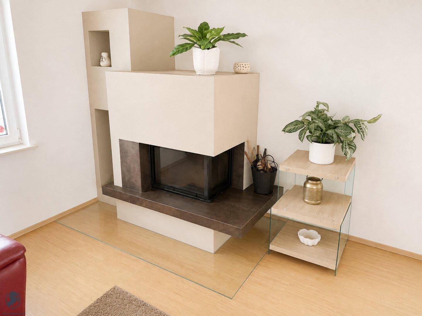 Moderner Kamin mit Glasbodenplatte und dekorativen Pflanzen in einem hellen Wohnzimmer.