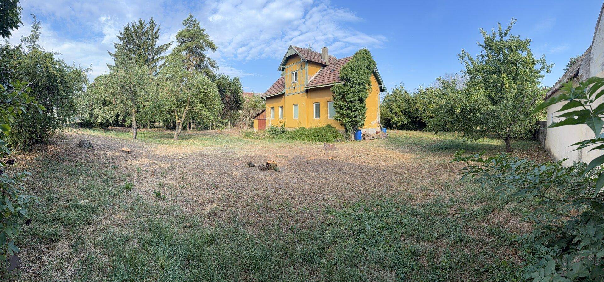 Weitläufiger Gartenbereich mit einem gelben Haus im Hintergrund und vielen Bäumen.
