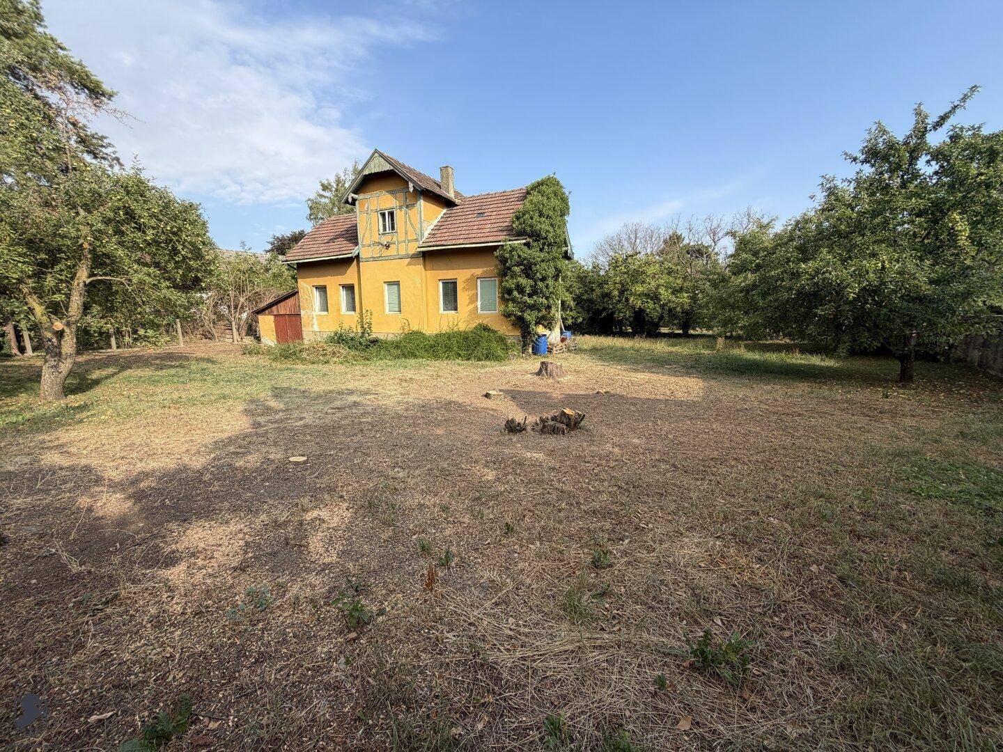 Gelbes Wohnhaus umgeben von einem weitläufigen Garten mit viel Grün und Baumbestand.