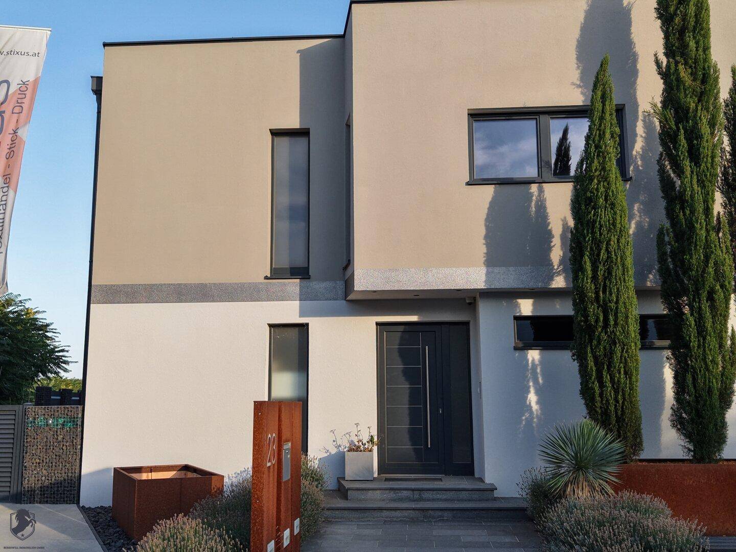 Eingangsbereich des modernen Hauses mit stilvoller Haustür und gepflegter Bepflanzung.