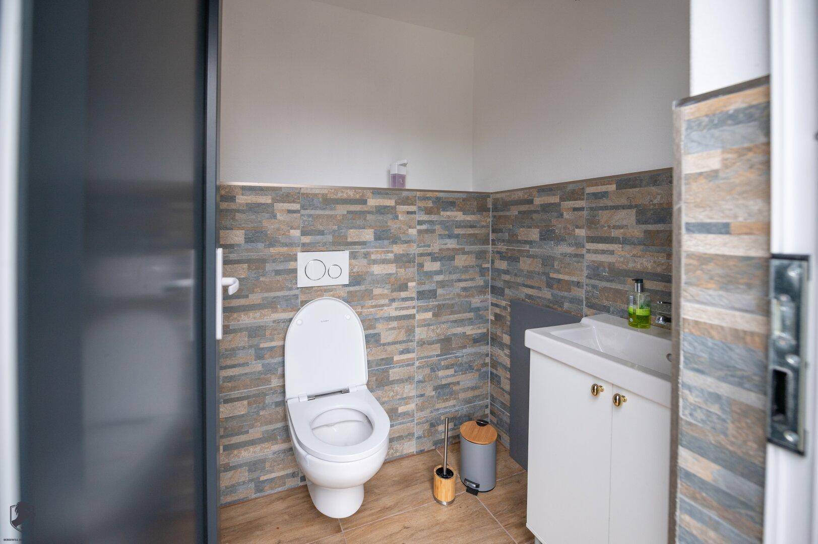 Modernes Gäste-WC mit wandhängender Toilette, kleinem Waschbecken und dekorativen Fliesen an den Wänden.