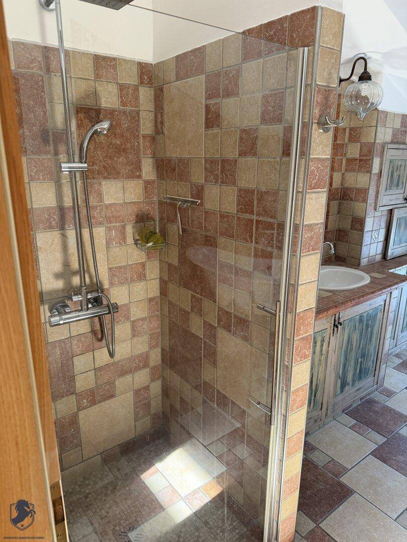 Badezimmer mit Duschkabine, gefliesten Wänden und einem Waschtisch mit Unterschrank.