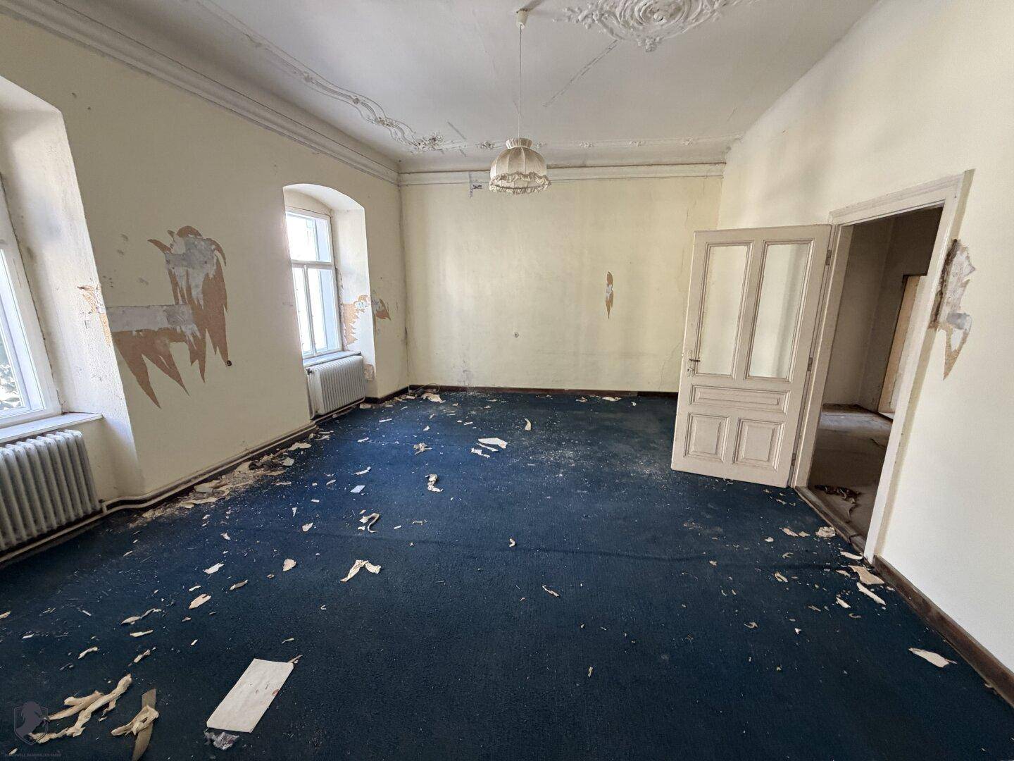 Großer leerer Raum mit Teppichboden, Stuckdecke und Heizkörpern unter den Fenstern.