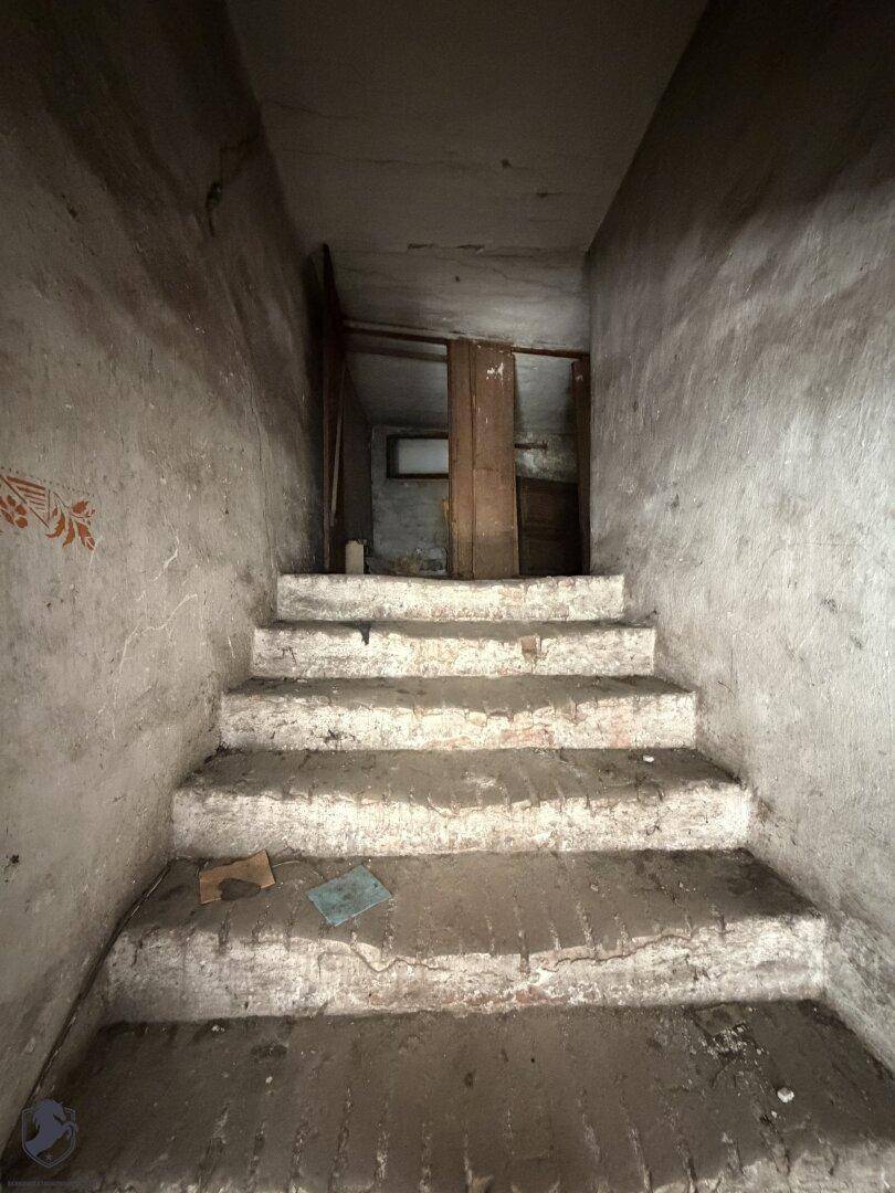 Dunkler, alter Treppenabgang mit abgenutzten Stufen und sichtbaren Mauerwerk.