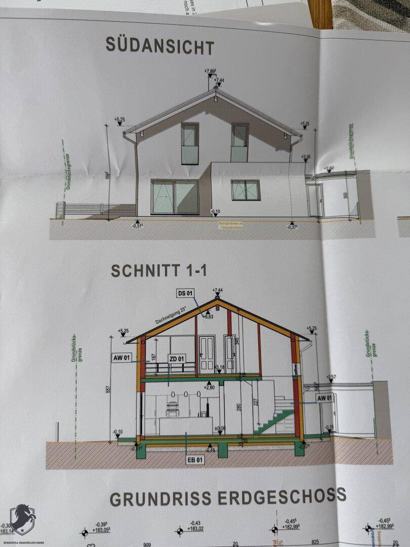 Architektonische Zeichnung mit Südansicht, Schnittansicht und Grundriss des Erdgeschosses.