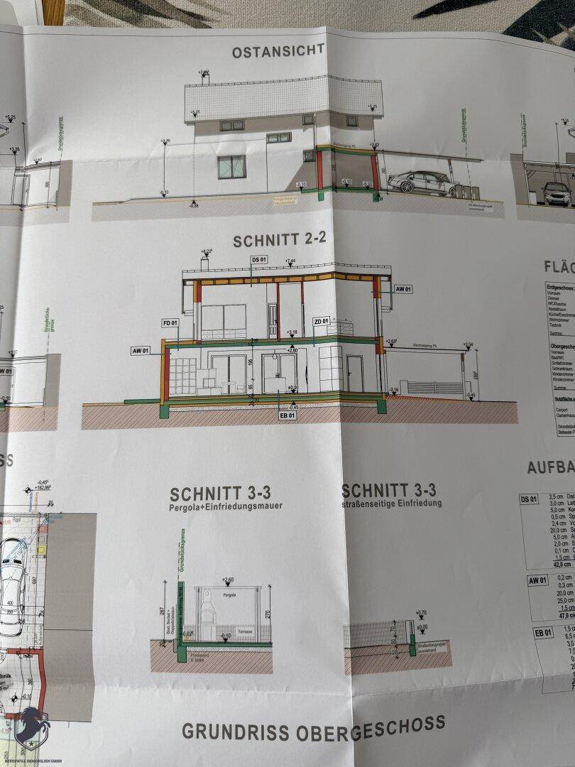 Architektonische Zeichnung mit Ostansicht, Schnittansicht und Grundriss des Obergeschosses.