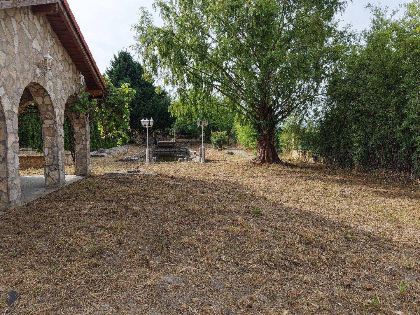 Weitläufiger Gartenbereich mit einem großen Baum, einem Teich und einem steinernen Nebengebäude.