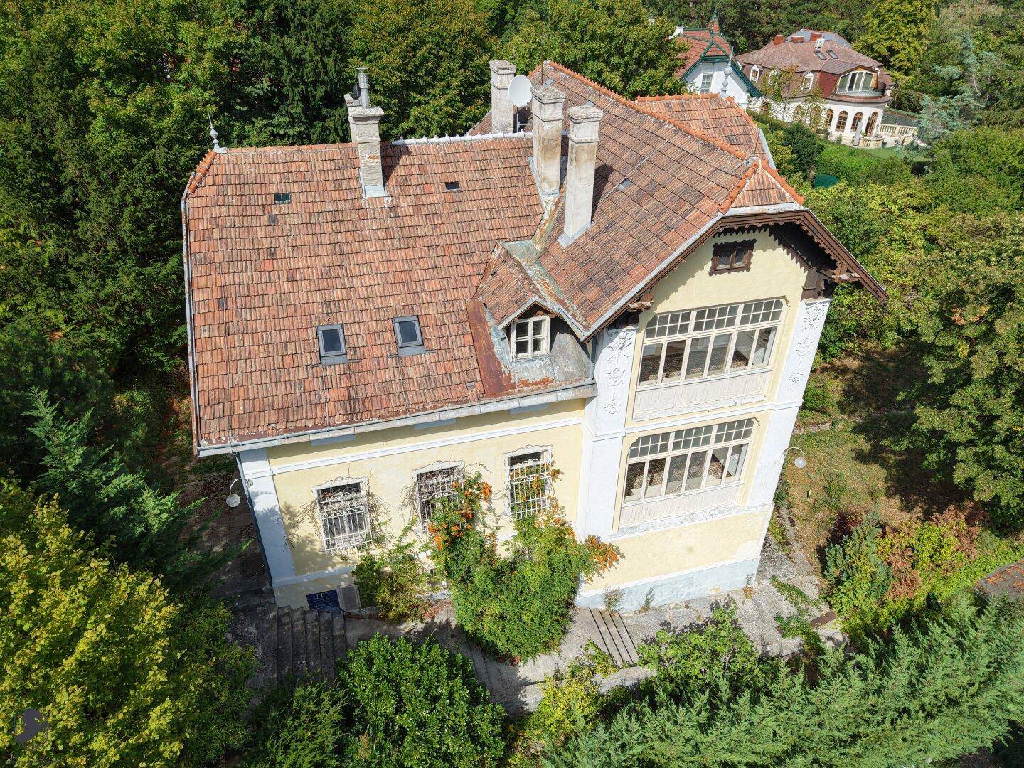 Luftaufnahme einer historischen Villa mit Terrakottadach und umgeben von dichtem Baumbestand.