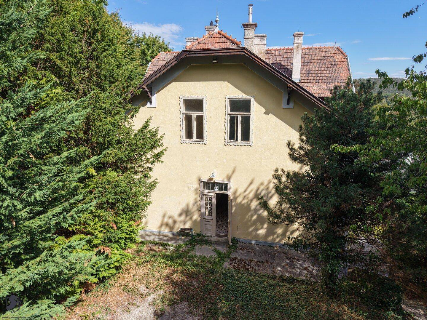 Rückansicht der historischen Villa mit gelber Fassade und umgeben von dichtem Grün.