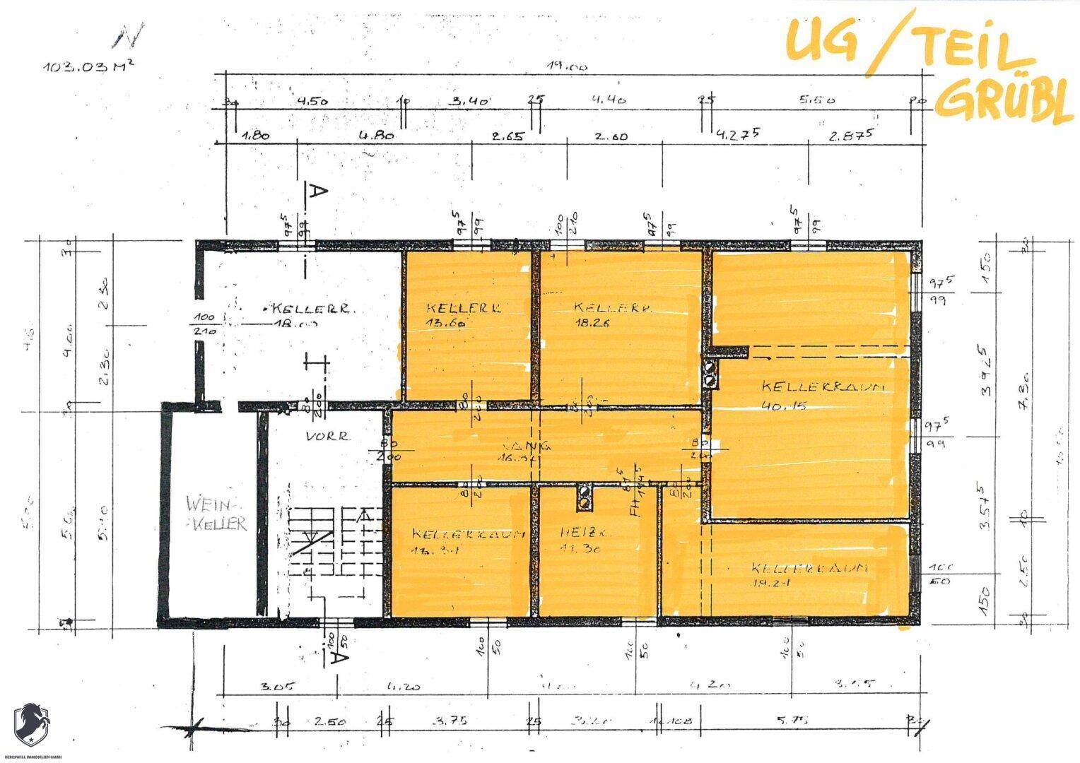 Grundriss des Kellergeschosses mit markierten Kellerräumen, Heizraum und Weinkeller.