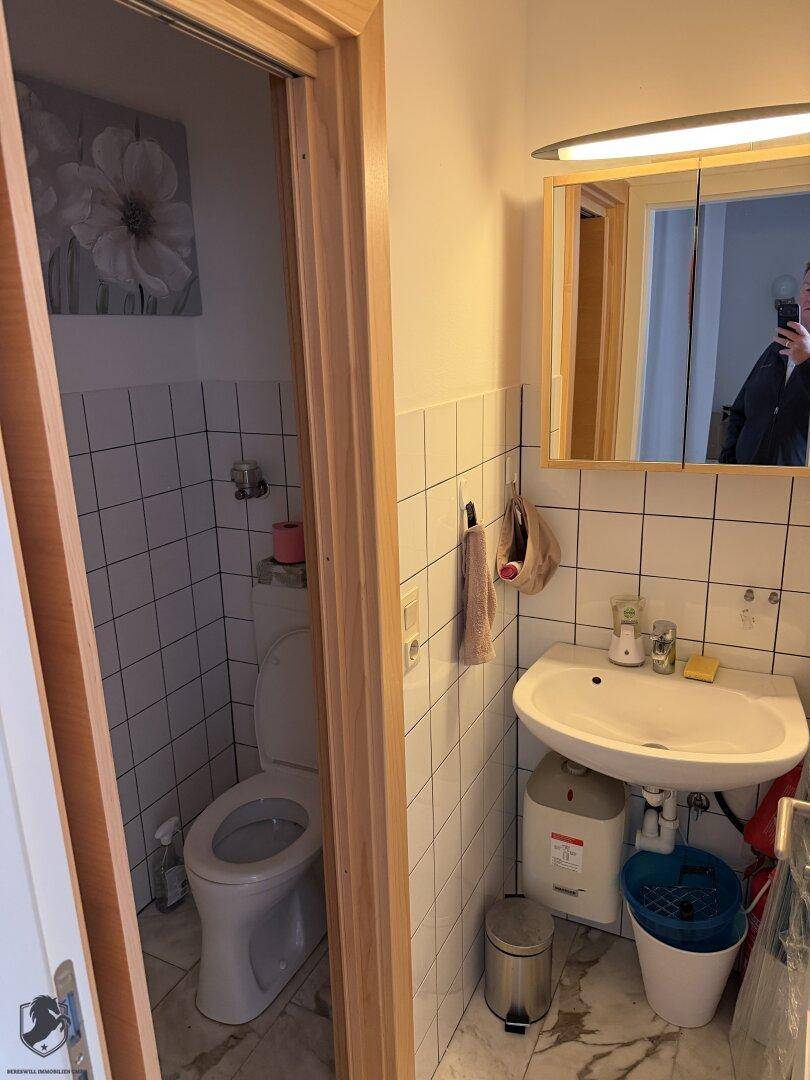 Kleines Gäste-WC mit weißer Toilette, Waschbecken und Spiegelschrank, gefliesten Wänden.
