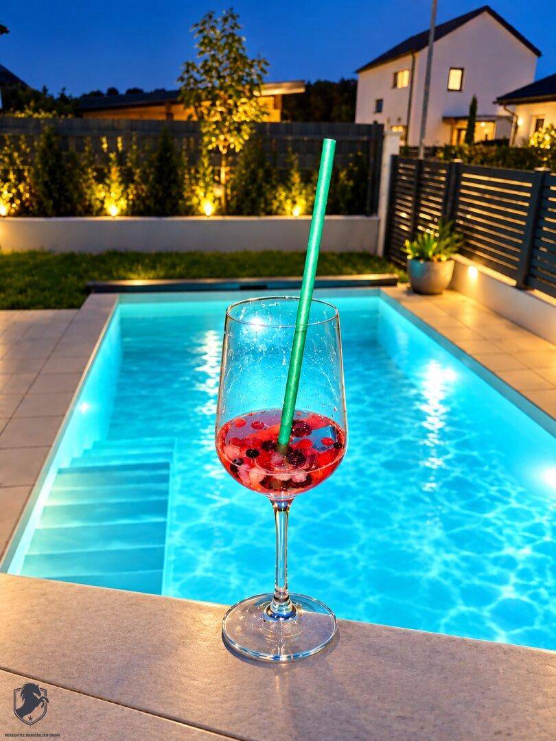 Beleuchteter Poolbereich am Abend mit einem Getränk am Beckenrand, einladende Atmosphäre.
