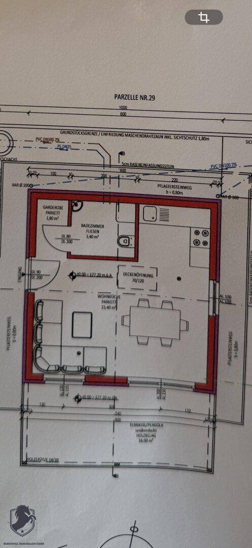 Detaillierter Grundriss mit Wohn-Essbereich, Küche, Bad und Garage auf Parzelle Nr. 29.