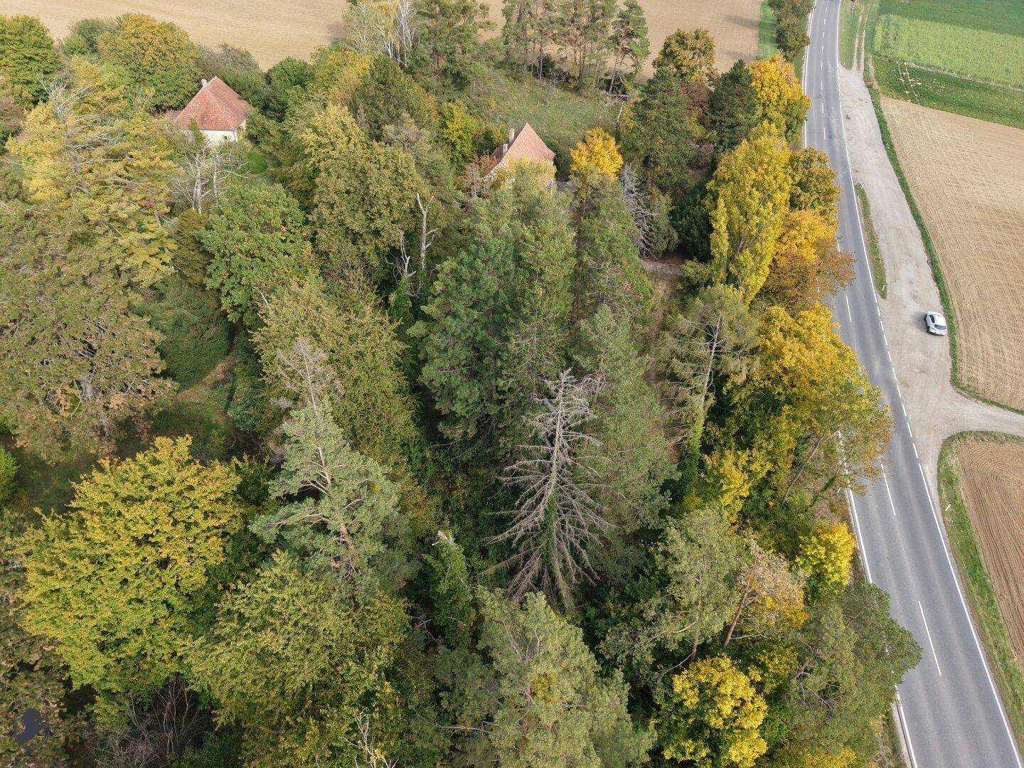 Luftaufnahme des Anwesens und der umliegenden Landschaft mit Feldern und einer Landstraße.