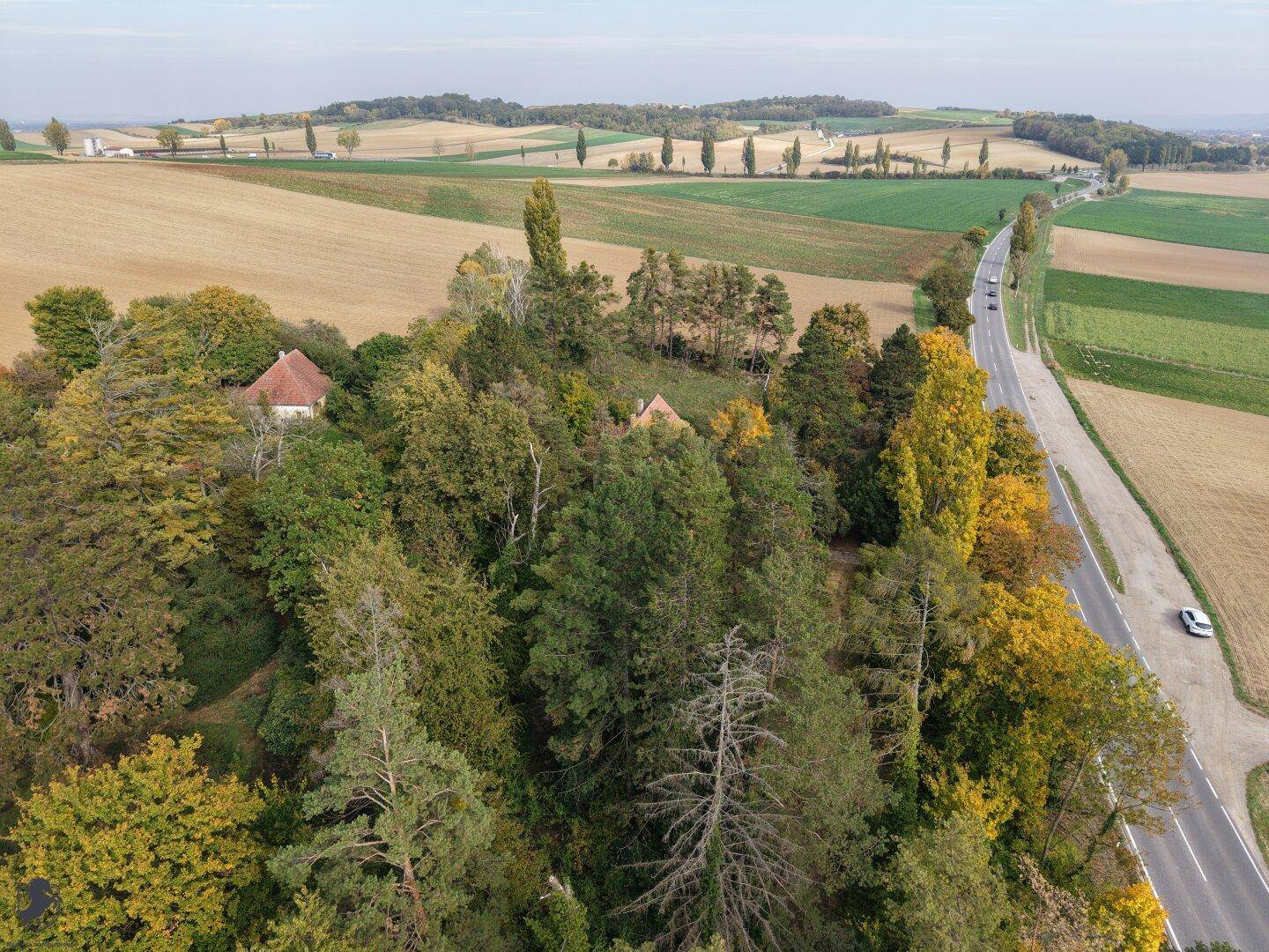 Weitläufige Luftaufnahme der ländlichen Umgebung mit dem Anwesen, Feldern und einer Straße.