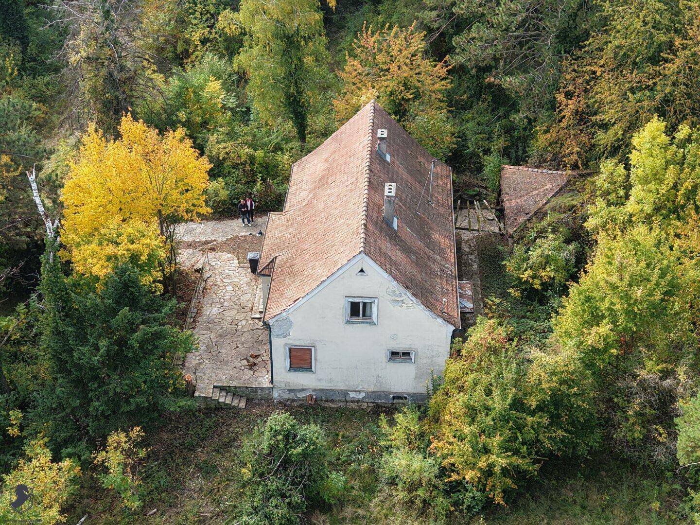 Nahaufnahme des Hauses von oben, zeigt das Ziegeldach und den verwilderten Gartenbereich mit Personen.