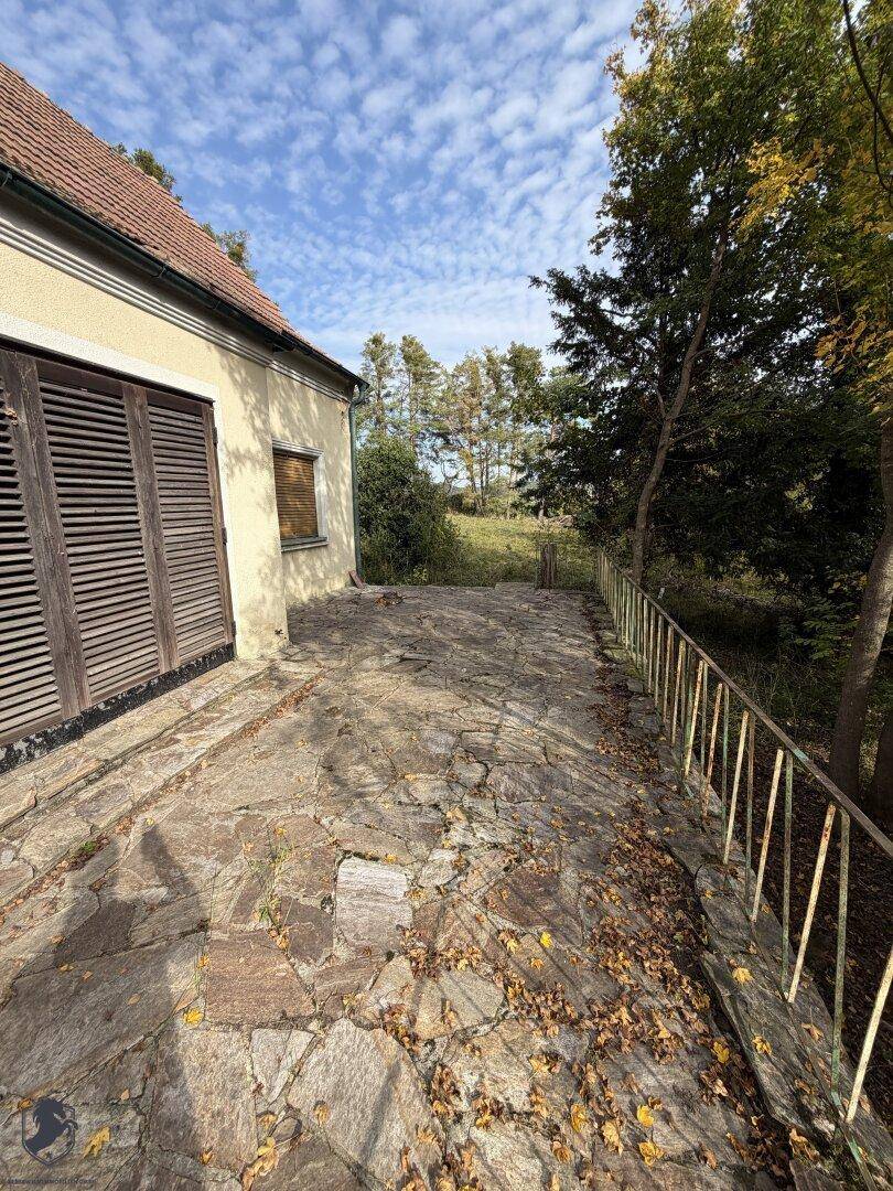 Rustikale Steinterrasse am Haus mit Metallgeländer und Blick ins Grüne.